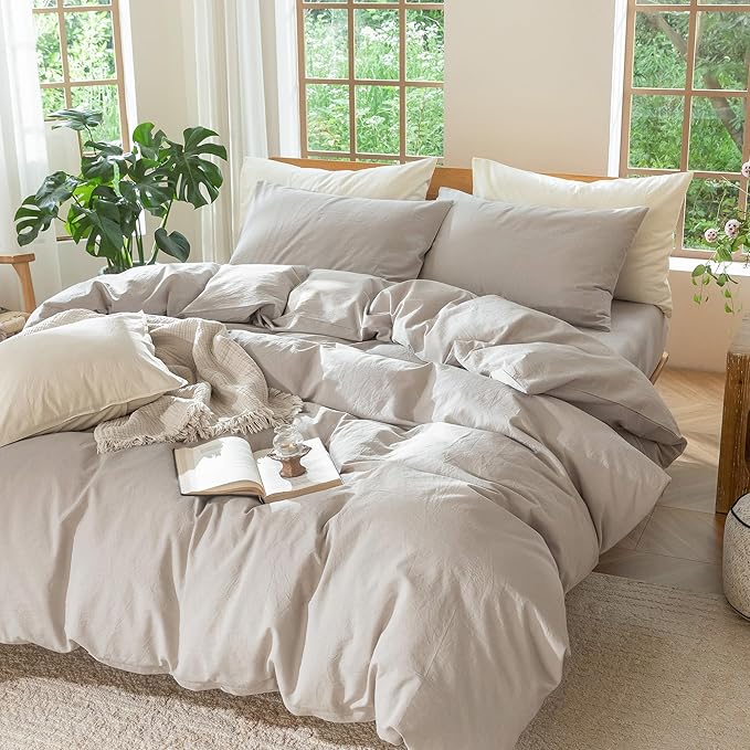 MooMee Bedding Duvet Cover Set 100% Washed Cotton Linen Like Textured Breathable Durable Soft Comfy (Heathered Cream Grey, Super Queen 90"x98")