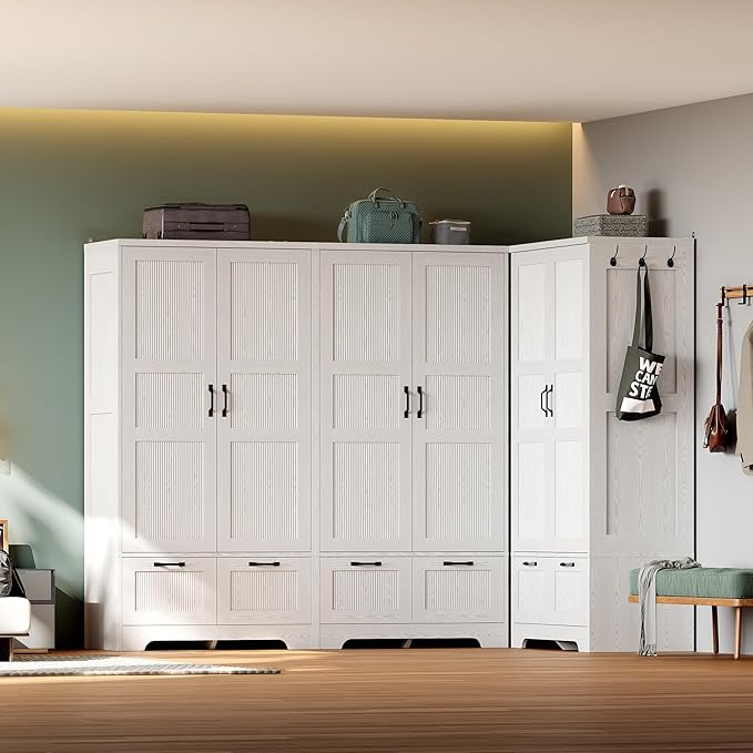 ANCTOR Armoire Wardrobe Closet, 71" H Wooden Clothing Storage Cabinet with 2 Doors and 2 Drawers, Bedroom Freestanding Wardrobe Combination with Hanging Rod and Shelves, White