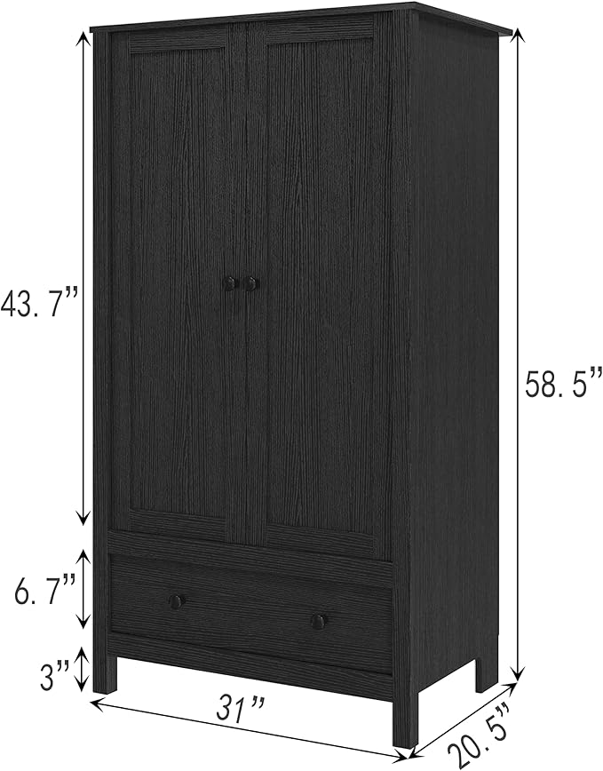 Panana 2 Door Wardrobe, Armoire with Drawer for Bedroom (Black)