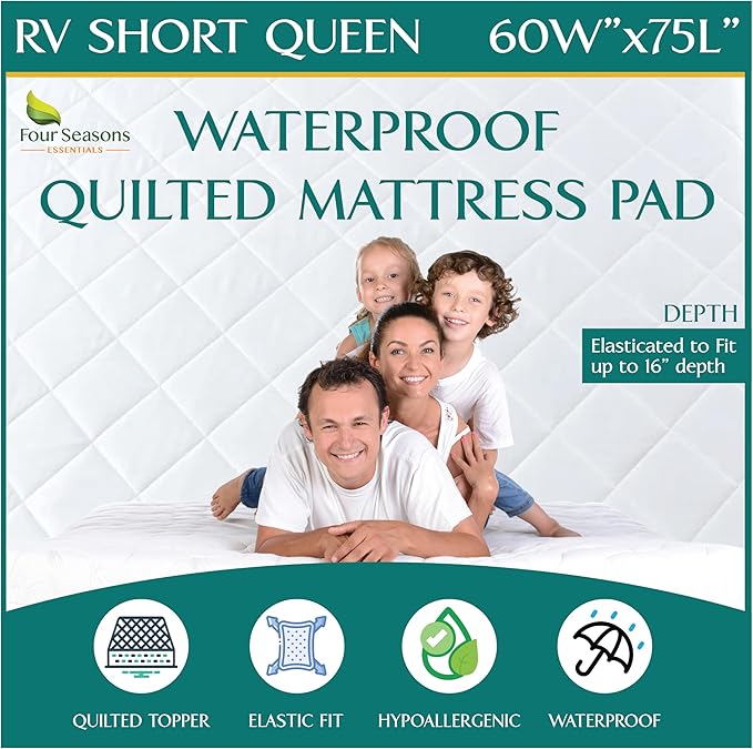 RV Short Queen Quilted Mattress Pad - Waterproof Mattress Protector, Premium Quality Hypoallergenic Fitted Mattress Cover