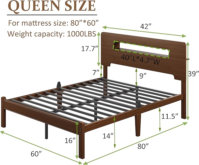 ZIYOO 14 Inch Queen Walnut Bamboo Platform Bed Frame, Premium Bed Foundation with Bamboo Frame & Iron Support Slats, Max Weight Capacity, Stable & Quiet