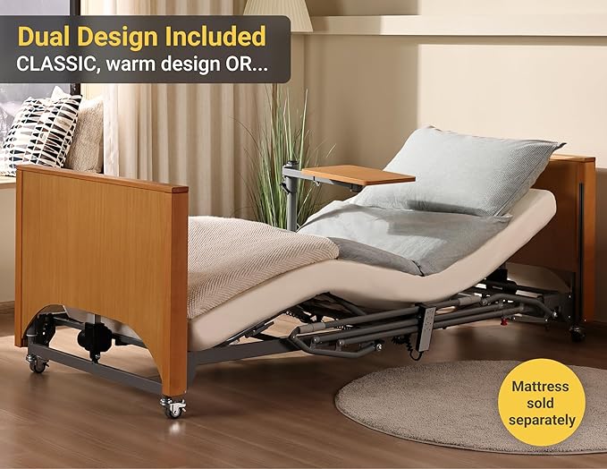 Electric Hospital Bed for Home Use – 5 Functions, Advanced German LIMOSS Motor, Ultra-Low 8.5"–25" Adjustable Height, Double Solid Wood Panels with Medical Overbed Table & Foldable Rails