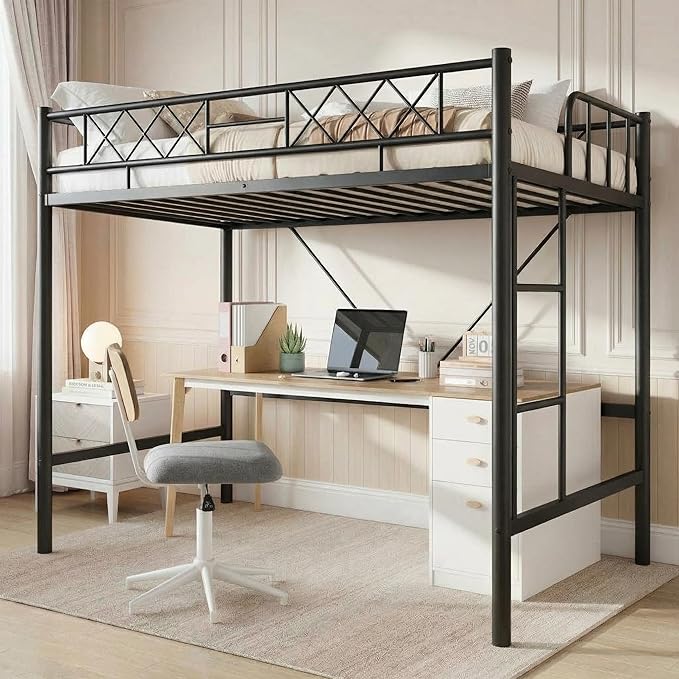 Garvee Loft Bed Twin Size with Arched Safety Guardrail & Safety Ladder, Heavy Duty Metal Frame with Sturdy Steel Slats, No Box Spring Needed, Space Saving for Compact Rooms, Matte Black
