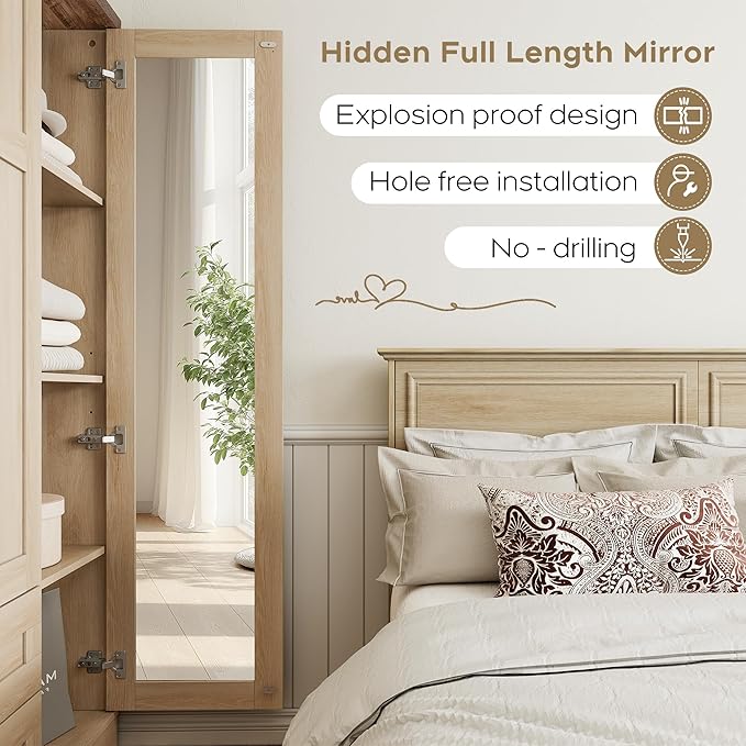 XIAO WEI Armoire Wardrobe Closet with 3 Door, Bedroom Wooden Armoires with Full Length Mirror, Large Clothing Storage Cabinet 2 Drawers, Hanging Rod (Natural, 3 Door)