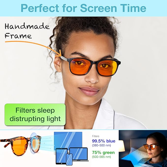Orange Blue Light Blocking Glasses for Better Sleep - 99.5% Premium Acetate Orange Computer Migraine Glasses for Women & Men - Amber Gaming Glasses - Blue Light Blockers Gamer Glasses for Eye Strain