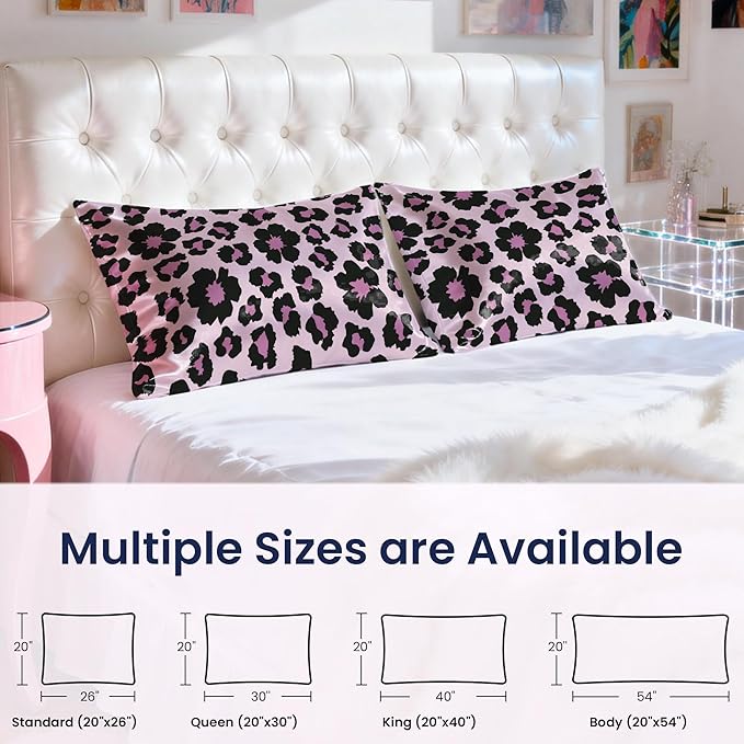 EXQ Home Satin Pillowcase for Hair and Skin - Printed Sweet Leopard Silk Pillowcase 2 Pack 20x26 inches - Standard Satin Pillow Cases with Envelope Closure, Gifts for Women Men