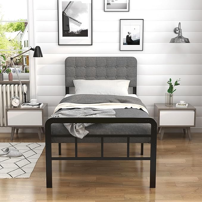 EMODA 16 Inch Twin XL Bed Frames with Upholstered Headboard and Metal Footboard, Heavy Duty XL Twin Metal Bed Frame, No Box Spring Needed, Easy Assembly
