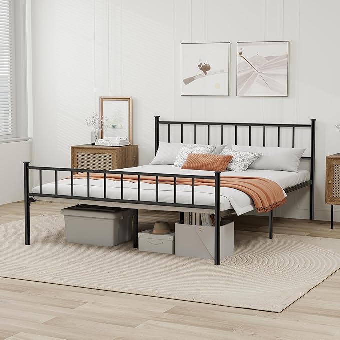 Metal Platform Full Bed Frame with Headboard Sturdy Steel Slats Support No Box Spring Needed Easy Assembly Black