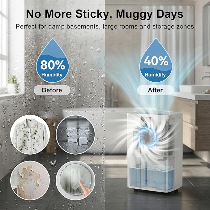 MEPTY Dehumidifier for Basement & Home with Drain Hose,Smart Humidity Control,24H Timer & Child Lock,3-Color Humidity Display Ideal for Bedroom,Bathroom