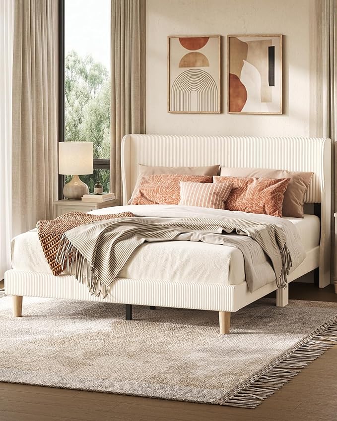 Bestier Queen Size Bed Frame with Wingback Headboard,Platform Queen Upholstered Bed with Strong Wooden Slats,No Box Spring Needed,Never Squeaks,Easy Assembly,Beige