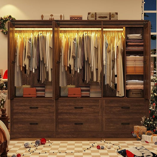 Farmhouse 6 Doors Armoire Wardrobe Closet w/Folding Sliding Barn Door and Lights, LED Armoire Closet w/ 6 Drawers for Bedroom, Freestanding Wooden Wardrobe Storage Closets w/Hanging Rod,Rustic Brown