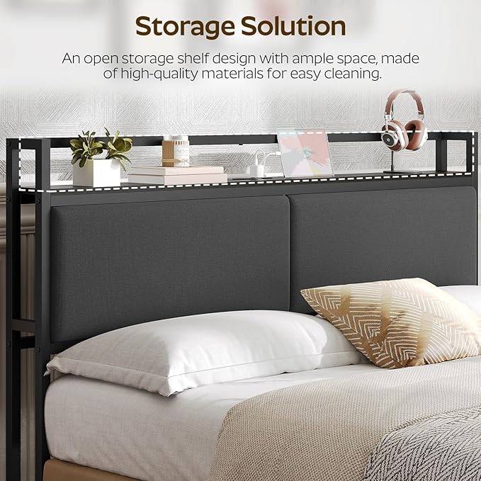 YATINEY Queen Size Headboard with Storage Shelves, Upholstered Headboard with Charging Station, Height Adjustable, Sturdy and Stable, Vintage Style, Black