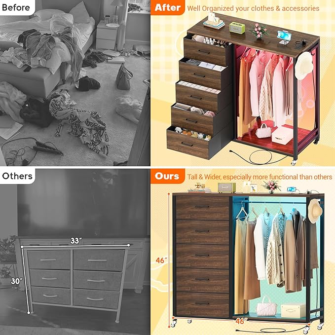 Cyclysio Dresser with Hanging Rack, 5 Fabric Drawers Dresser with Clothes Rack, Wooden Top Storage Chest of Drawers with Charging Station & LED Lights, Lockable Wheels, Closet