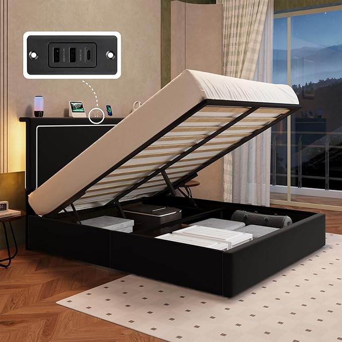 Allewie Full Size Lift Up Storage Bed Frame with Charging Station & LED Lights, Adjustable Velvet Upholstered Storage Headboard, Type-C & USB Ports, Hydraulic Support, No Box Spring Needed, Black