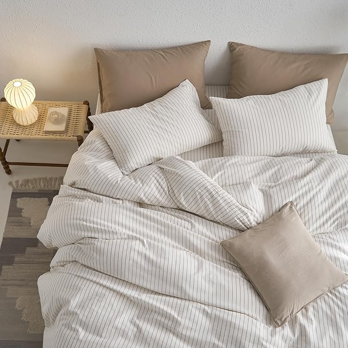 MooMee Striped Duvet Cover Set 100% Washed Cotton Linen Like Textured Breathable Durable Soft Comfy (White Tannish Linen Grey Wide Stripes, Queen 90"x90")