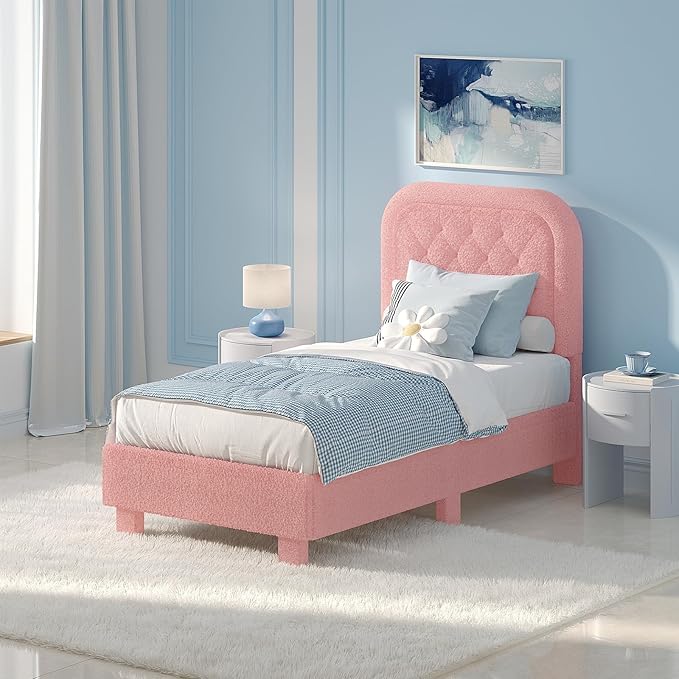 VINGLI Twin Bed with Headboard,Soft Frame Cloud Bed Frame with Sturdy Wood Slats Support,Upholstered Boucle Cream Platform Soft Bed with Rounded Corners,for Kids Teens Adults, Pink