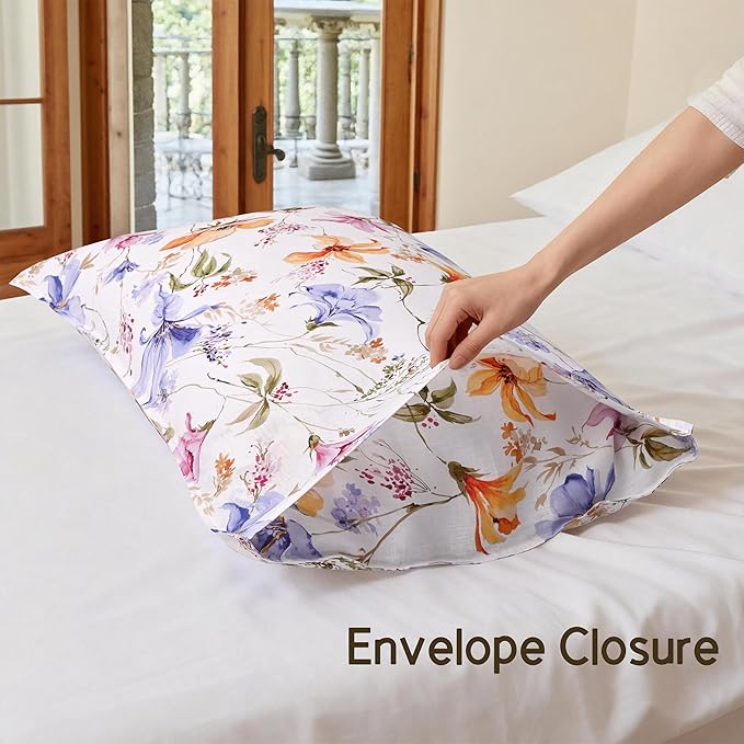 CHUFFED 100% French Linen Pillow Cases Pastel Bloom Print, Farmhouse Floral Stone Washed Pillow Shams with Envelope Closure Soft Breathable Vintage Pillow Covers for Decor,20x36 inches