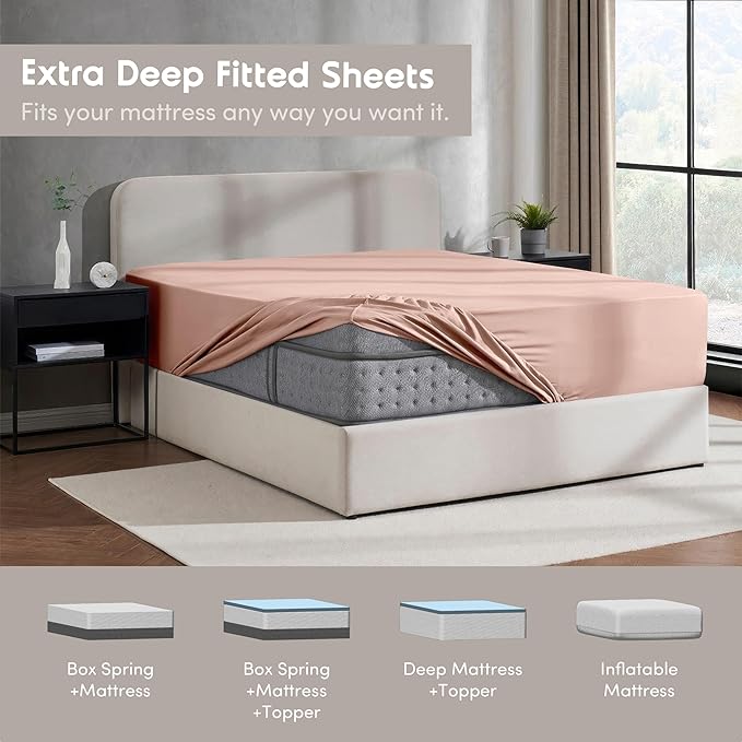 Nestl Blush Pink Extra Deep Pocket Fitted Sheet Full Size, Hotel Luxury Deep Pocket Full Size Fitted Sheet Only Easily Fits 18 to 24 Inch Mattress, Soft, Wrinkle-Free, Breathable with Corner Straps