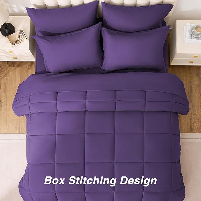 Love's cabin Queen Comforter Set Dark Purple, 7 Pieces Queen Bed in a Bag, All Season Bedding Sets with 1 Comforter, 1 Flat Sheet, 1 Fitted Sheet, 2 Pillowcase and 2 Pillow Sham | Soft, Breathable, Lightweight, Comfortable