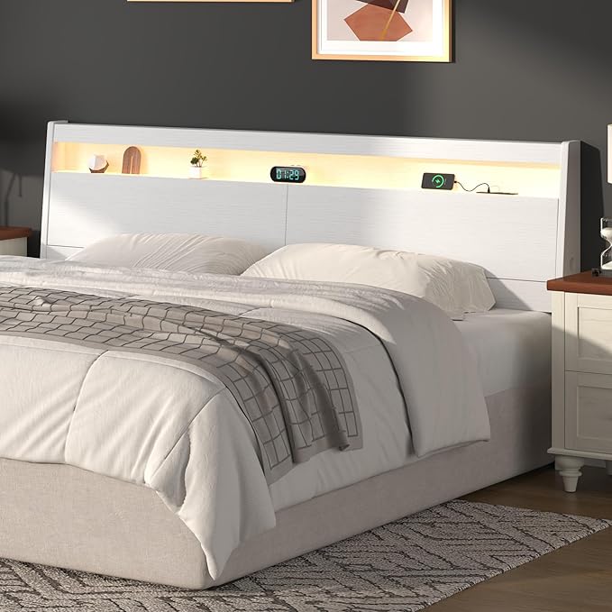 Wooden Headboard Only with Storage, Skirting Groove for Enhanced Stability, Built-in Power Outlet, 2 USB Ports & LED Light - Solid Wood Leg Sturdy Stable Bed Backboard (White, Queen)