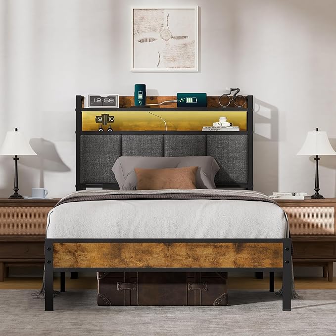 Twin Bed Frame with LED Light &Charging Station, Metal Platform Bed with 2-Tier Shelves & Under Bed Storage, Upholstered Headboard&Footboard,No Box Spring Needed,Noise Free,Easy Assembly,Vintage Brown