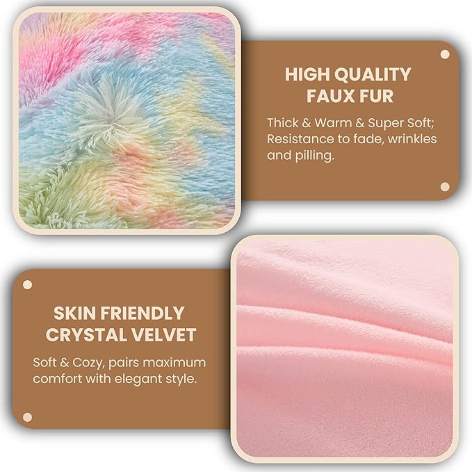 MEGO Rainbow Print Fluffy Body Pillow Cover, 20x54 Shaggy Faux Fur Body Pillow Case, Tie Dye Soft Plush Fuzzy Body Pillowcase, Furry Long Bed Pillow with Zipper for Kids Girls Children Women Rainbow