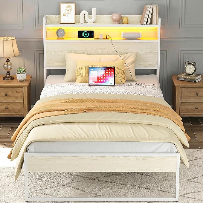 Elephance Twin Bed Frames with Charging Station and LED Lights, Metal Bed Frame with 2-Tier Storage Headboard, No Box Spring Needed, Noise Free, Easy Assembly,Beige