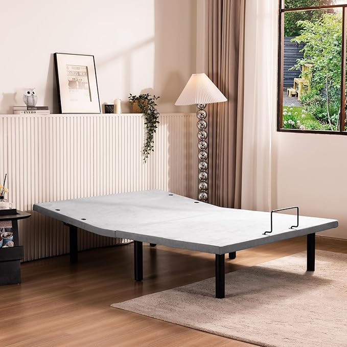 Fromann Adjustable Electric Full Bed Base Frame with Massage, USB Type-C Ports, Zero Gravity, Under Bed Led Lighting and Three Leg Height (Grey)