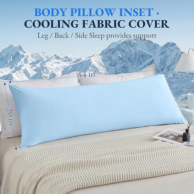 ELNIDO QUEEN Cooling Body Pillow Insert with Cover – Breathable Long Body Pillow for Side Sleepers, Soft Support Bed Pillow for Adults, 20x54 Inches Blue