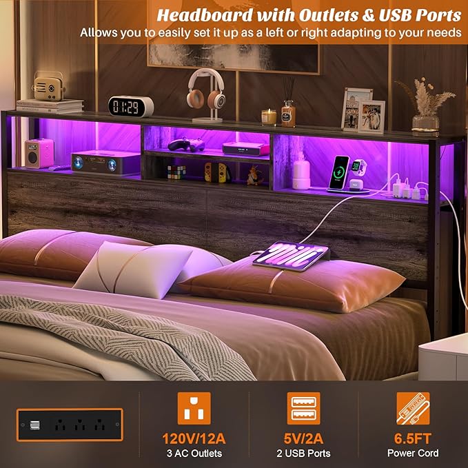 Aheaplus Headboard for King Size Bed with Storage, Headboards with Outlets, USB Ports and LED Light, King Size Head Board Only, Height Adjustable, Reversible, Sturdy and Stable Headboard, Black Oak