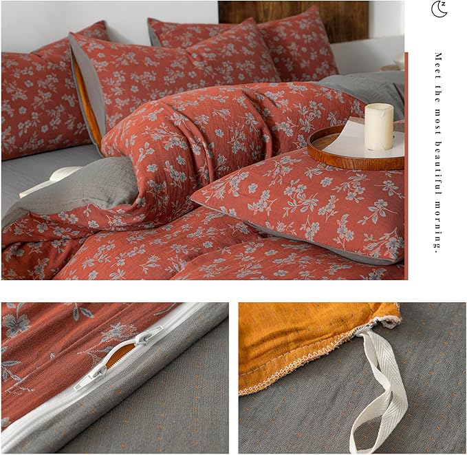 VM VOUGEMARKET Vintage Floral Duvet Cover Set King,Rust Red Double Layer Gauze Cotton Bedding, Soft Breathable Comforter Cover with Zipper Closure,3 Pieces