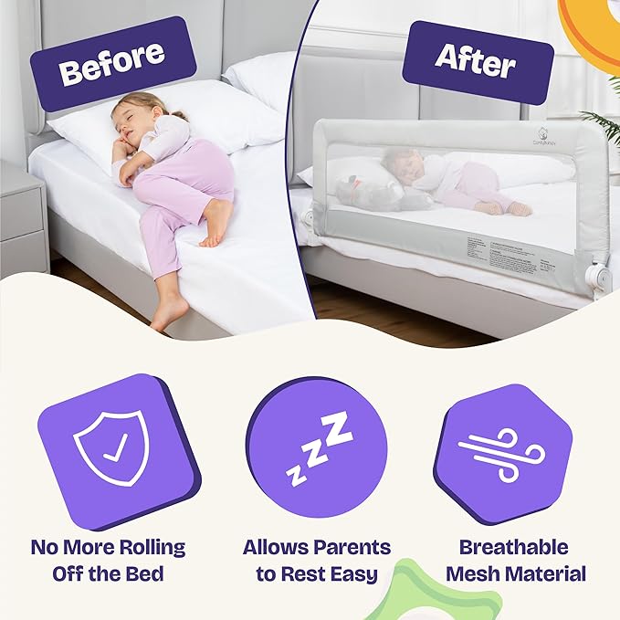 ComfyBumpy 2-Pack Bed Rail for Toddlers 55.5" L x 19.5" H | Toddler Bed Rails for Twin, Full, Queen & King Mattress Size | Swing Down Rail Guard | Mattress Side Rail for Kids | Gray
