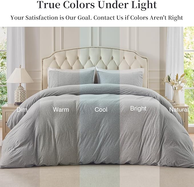 PURE ERA Jersey Knit Duvet Cover Set 100% T-Shirt Cotton Super Soft Comfy 3pc Bedding Set with Zipper Closure (Heather Grey, Queen)