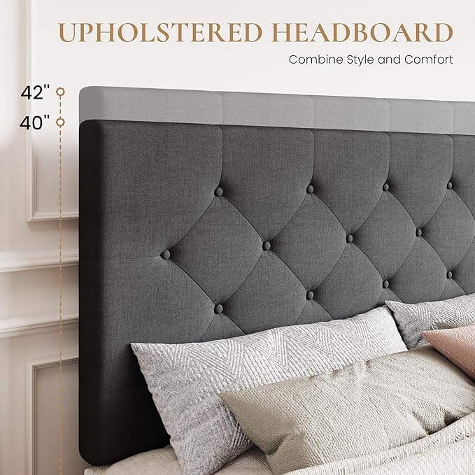 SHA CERLIN Upholstered Full Size Platform Bed Frame with 4 Storage Drawers, Adjustable Headboard with Diamond Stitched Button Tufted Design, Wooden Slat Support, No Box Spring Needed, Dark Grey