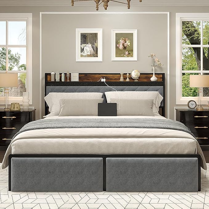 IDEALHOUSE King Size Bed Frame with Storage Headboard and 2 Drawers, Platform Metal King Bed Frame with LED Lights and Charging Station, Noise Free, No Box Spring Needed, Grey
