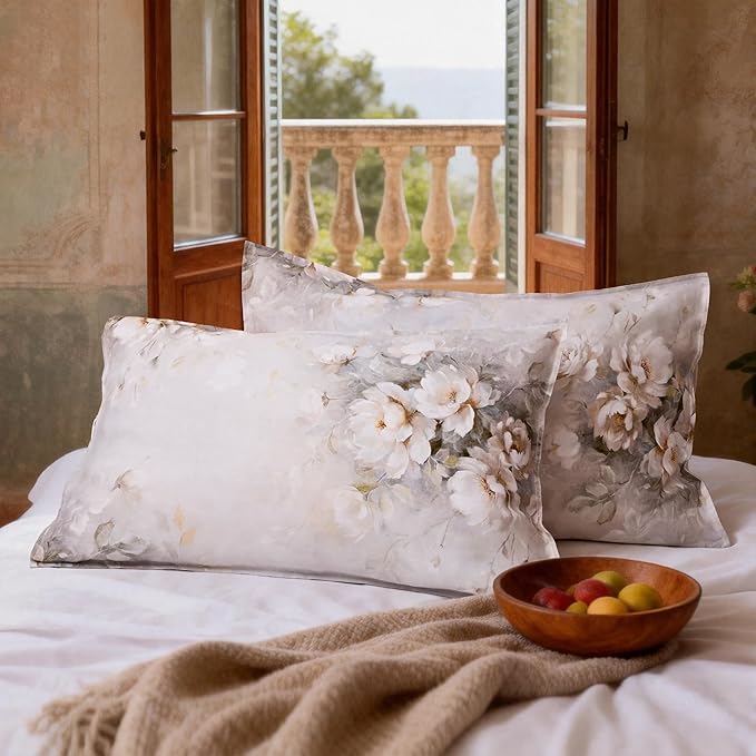 CHUFFED 100% French Linen Pillow Cases Watercolor Peony Print, Farmhouse Floral Stone Washed Pillow Shams with Envelope Closure Soft Breathable Vintage Pillow Covers for Decor,20x36 inches