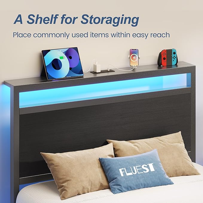 Fluest Twin Bed Frame,Twin Bed Frame with Storage Headboard & Storage Drawer, Charging Station & LED Light, No Box Spring Needed, Noise Free, Easy Assembly, Classic Black