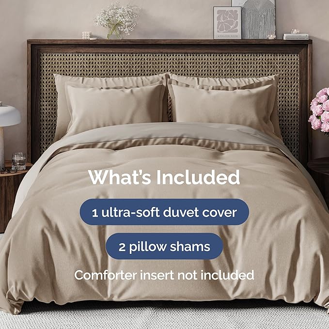 Duvet Cover Queen Size Set - Extra Soft Queen Duvet Cover 90" x 90" with 2 Pillow Shams - Hotel Luxury, Easy Care & Fade Free with Zipper Closures & Ties - Comfy, Cozy & Breathable (Heathered Beige)