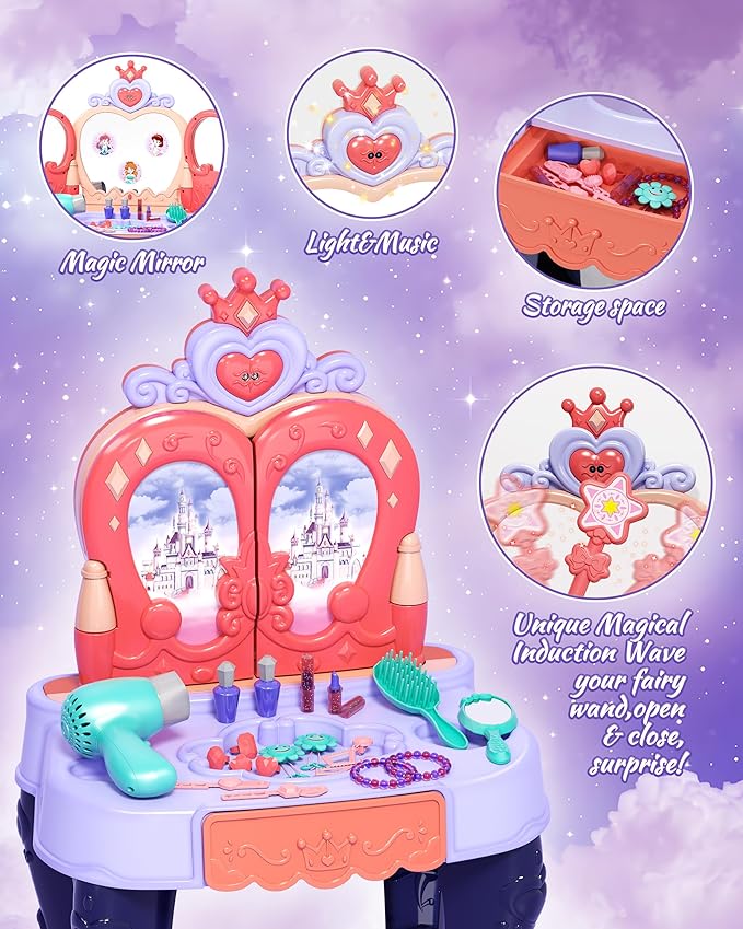 Eohemeral Magic Sensor Toddler Vanity Set with Automatic Opening Mirror, Kids Makeup Table with Induction Light & Music, Real Sound Hair Dryer, Fairy Wand & Accessories, Toy for Girls Age 3 4 5
