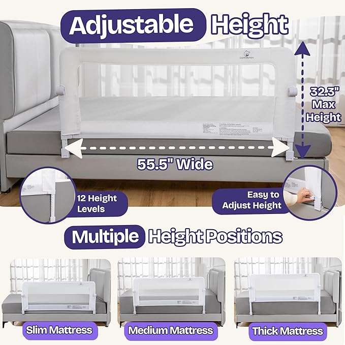 ComfyBumpy Premium Adjustable Bed Rail for Toddlers, Swing-Down Safety Guard, Height Adjusts 24.4"–32.3"H, Extra-Long 55.5", Sturdy Steel & Breathable Mesh, For Twin, Full, Queen & King, Gray, 1-Pack