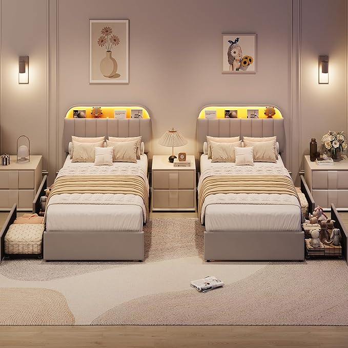 GarveeHome Twin Bed Frame with Storage Headboard, Kids Bed Frame with 2 Drawers, Velvet Upholstered Platform Bed Frame with Lights, No Box Spring Needed, Easy Assembly, Velvet Grey