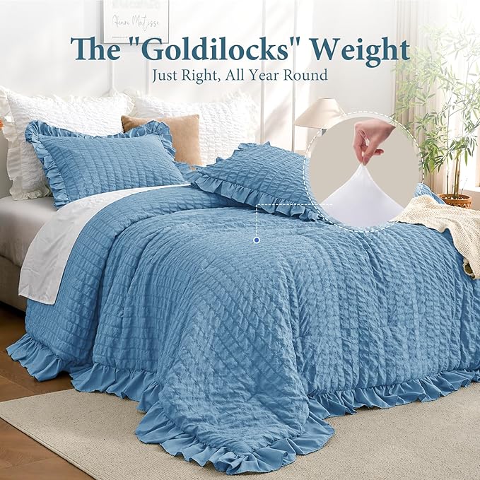 JOLLYVOGUE King Size Comforter Set, 3 Pieces Sea Blue Seersucker Comforters King Size, Lightweight & Fluffy Bedding Sets King for All Season with 1 Ruffle Comforter and 2 Ruffle Pillowshams