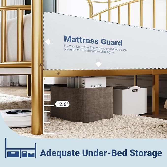 Allewie 14 Inches Twin Size Metal Platform Bed Frame with Elegant Crown Iron-Art Headboard & Footboard, Sturdy Mattress Foundation with Under-Bed Storage, Easy Assembly, No Box Spring Needed, Gold