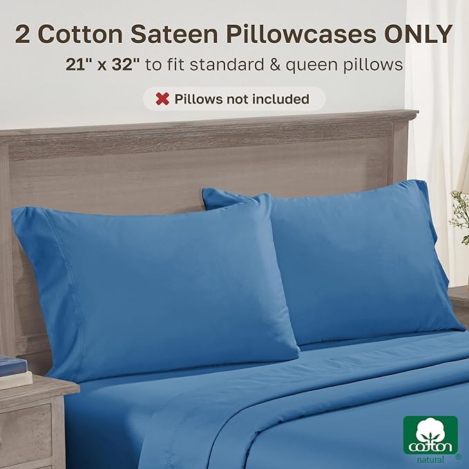 Pillow Cases Queen/Standard Set of 2-600 Thread Count Sateen, Natural 100% Cotton Pillow Case Pair, Crisp, Durable Bedding - Parisian Blue