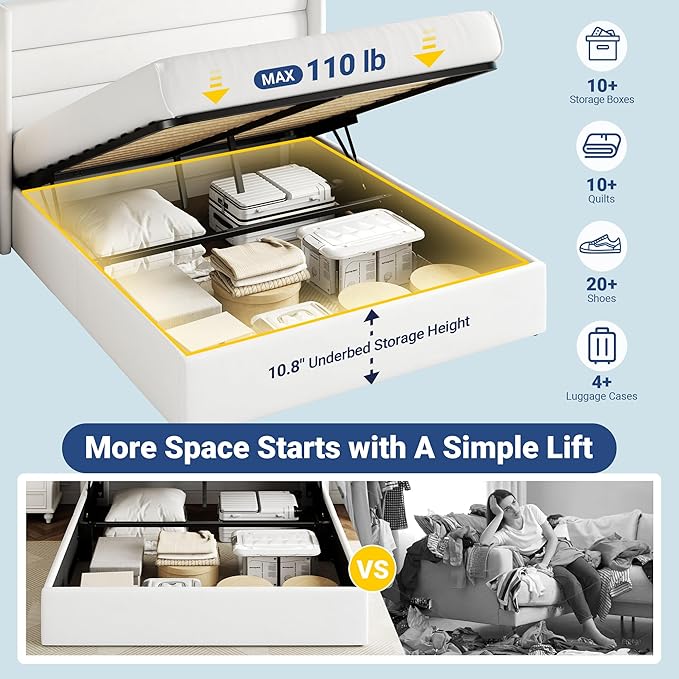 Allewie Queen Size Velvet Lift Up Storage Bed, Modern Wingback Headboard, Hydraulic Support, No Box Spring Needed, White