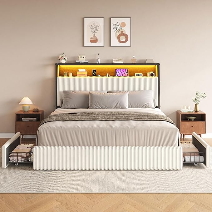 Upholstered Queen LED Bed Frame with 2 Storage Drawers and Charging Station, Corduroy Platform Bed with 3-Tier Storage Bookcase Headboard, Heavy Duty Metal Support, No Box Spring Needed - Beige