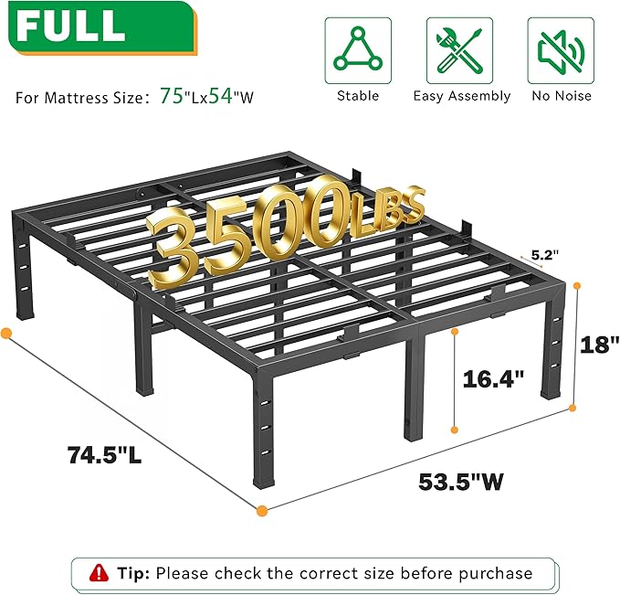 18 Inch Full Size Bed Frames, Heavy Duty Metal Platform 3500 lbs Capacity, No Box Spring Needed, 6 Mattress Slide Stopper, Headboard Holes, Noise-Free, Easy Assembly, Black
