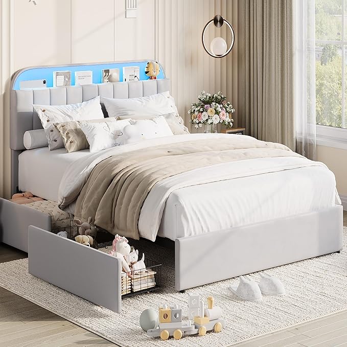 Garvee Queen Size Bed Frame with 2 Flexible Drawers, Velvet Upholstered Platform Bed Frame with Bookcase Headboard and LED Lights, Kids Bed for Girls, Easy Assembly, Noise Free, Grey
