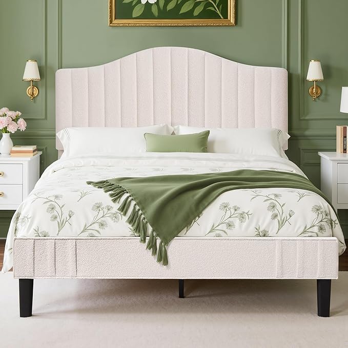 VECELO Queen Size Bed Frame Upholstered Platform Beds with Height-Adjustable Teddy Fabric Headboard, Strong Wood Slats 7.9'' Under Bed Storage Space Noise-Free No Box Spring Needed, Beige