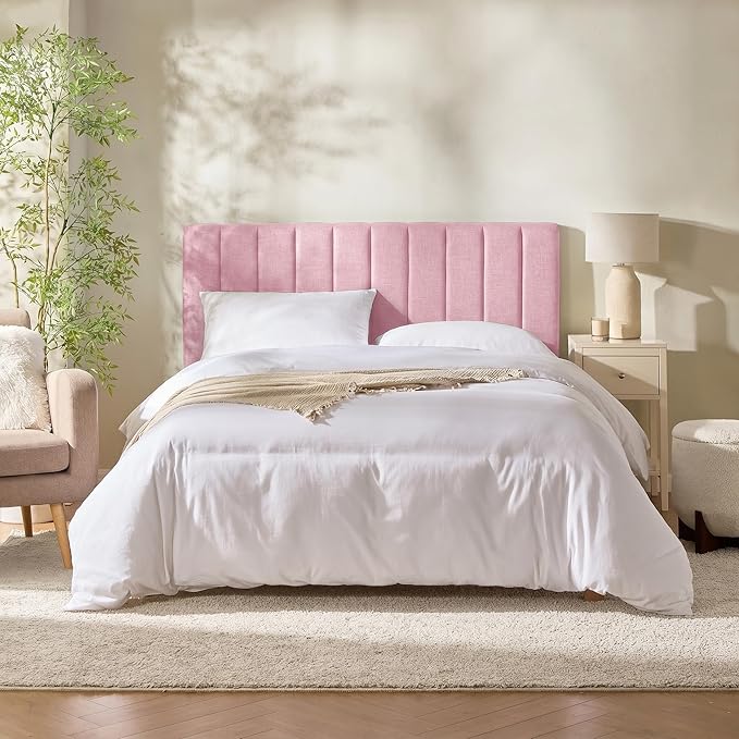 Hearth & Harbor Upholstered Full Headboard - Easy Assemble Channel Stitched Headboard Full Size - Wall Mounted Headboards with 3D Soundproof Wall Panels Peel & Stick Floating Headboards, Pink
